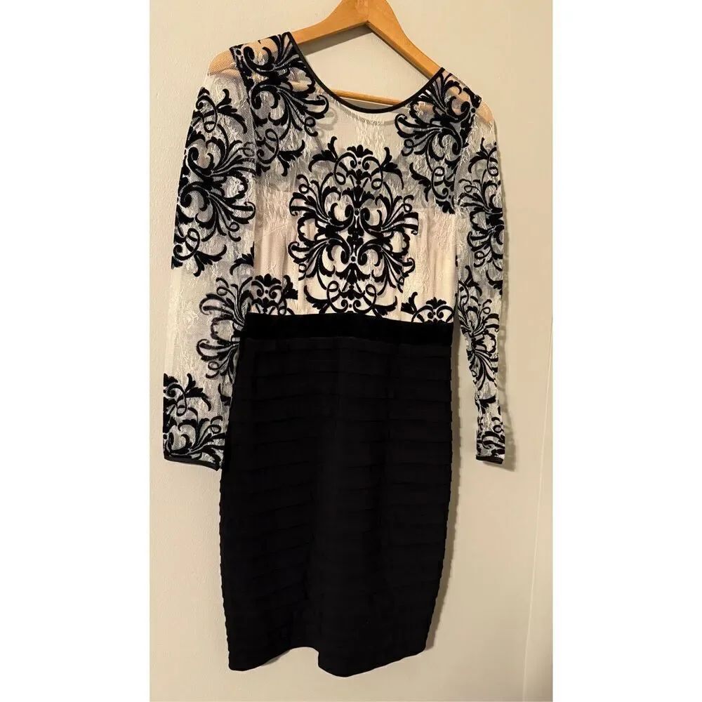 Betsy & Adam 8 Petite Sheer Sleeve Fleur De Lis Bandage Skirt Dress Black Cream